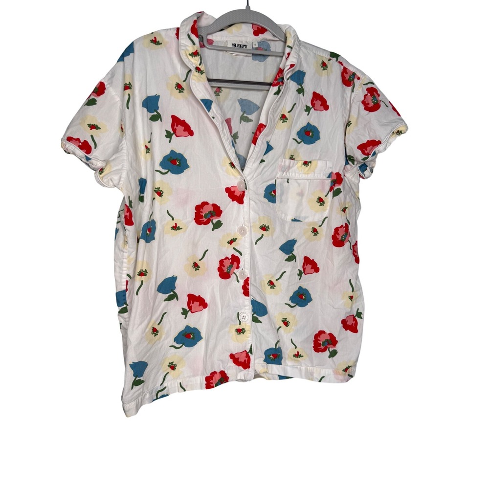 Sleepy Jones white floral print short sleeve button down‎ pajama top